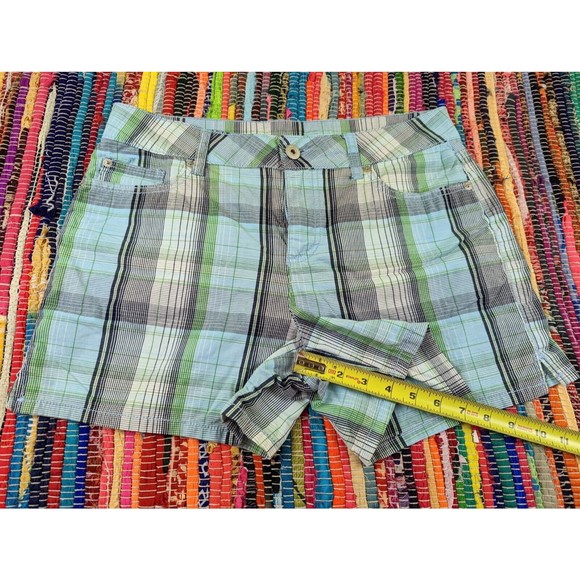 FADED GLORY Women 10 Blue Green Plaid Mid Rise Stretch Chino Shorts Flap Pockets - Picture 8 of 9